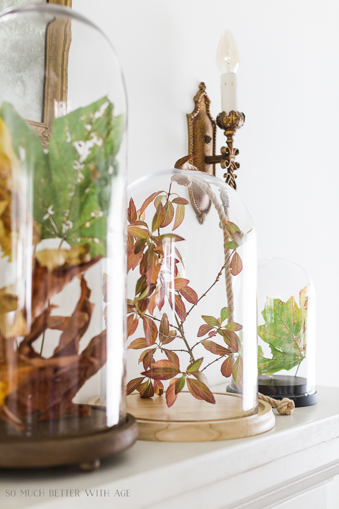 Fall Mantel Decorating with Leaves in Cloches + Video