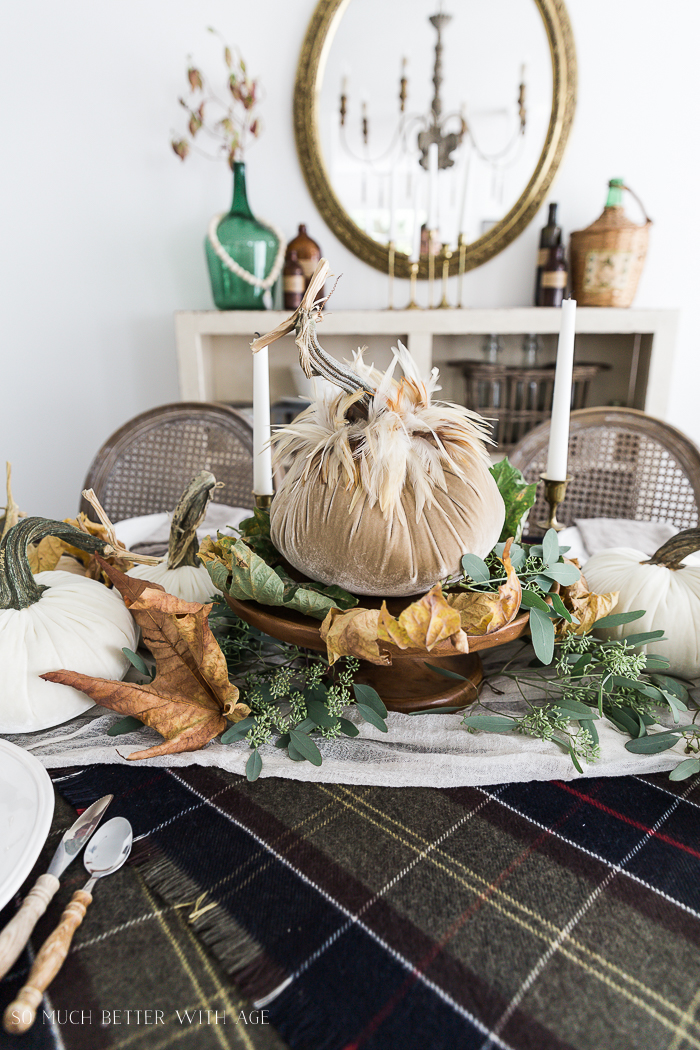 Velvet Pumpkin Centrepiece/plaid tablecloth, fall leaves - So Much Better With Age