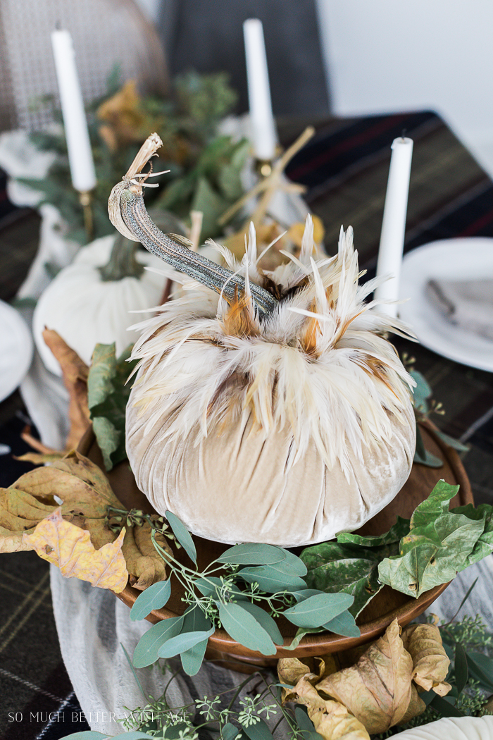 Velvet Pumpkin Centrepiece/brown feathered velvet pumpkin - So Much Better With Age