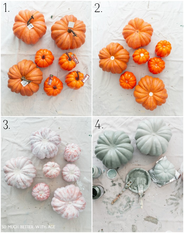 Orange pumpkins on a drop cloth, paining the pumpkins a muted color.