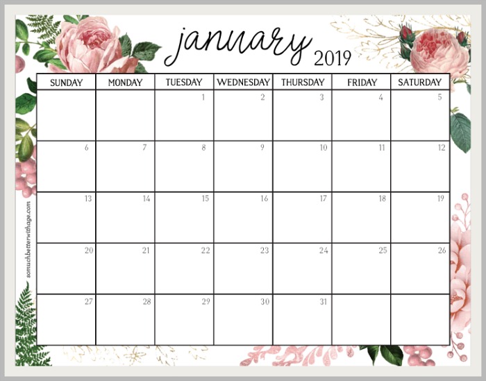 2019 Monthly Calendar