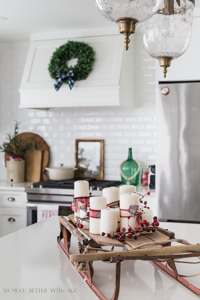 Holiday sleigh on the kitchen island.