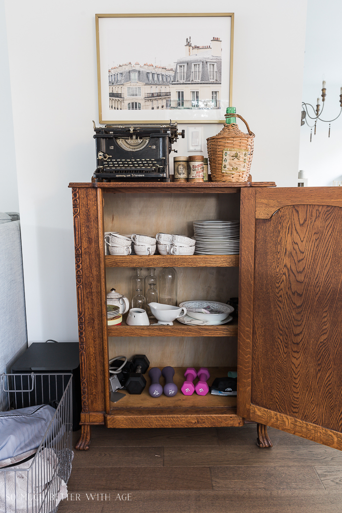 Easy Workouts at Home & Free Printable/exercise weights in cabinet - So Much Better With Age