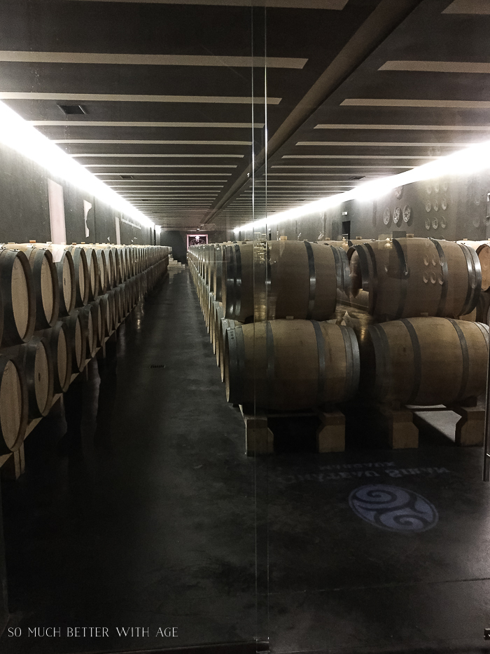 Large room with barrels of wine aging.