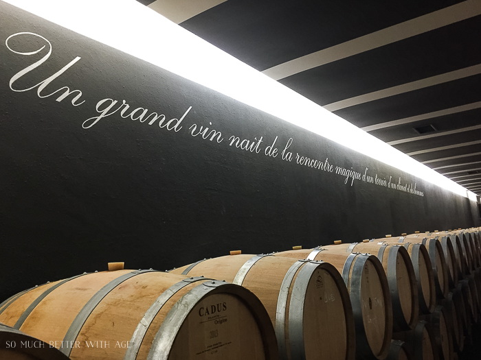 The wine in barrels in the aging room.