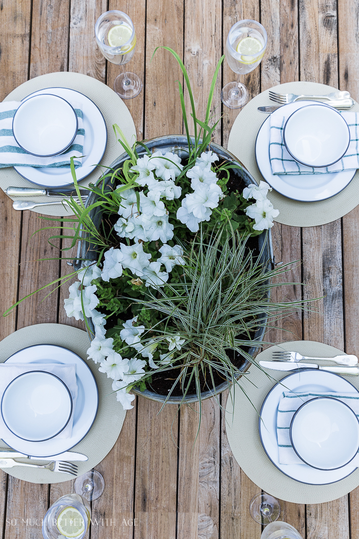 Above view of petunias and lemongrass in bucket with table setting.