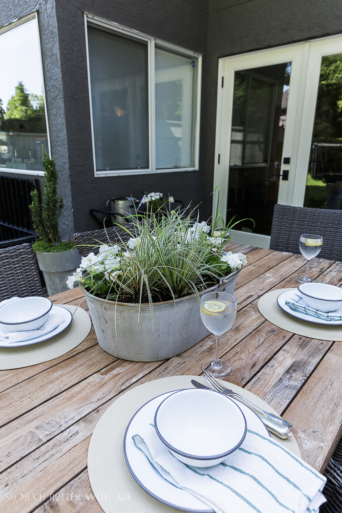 Outdoor table with white plates and plant in centre.