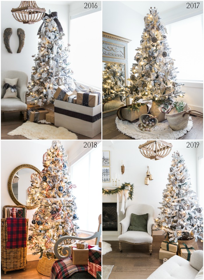 Four images of Christmas tree decorated in same room. 