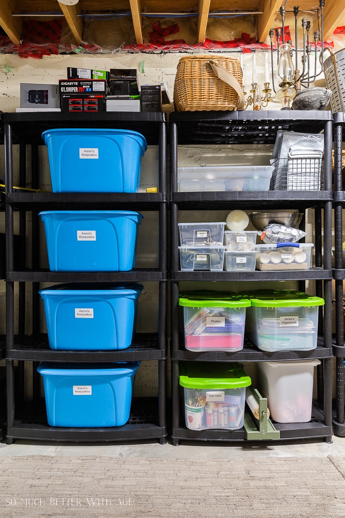 Basement storage shelves designed to perfectly fit 18-gallon bins.   Basement organization, Basement storage cabinets, Basement storage shelves