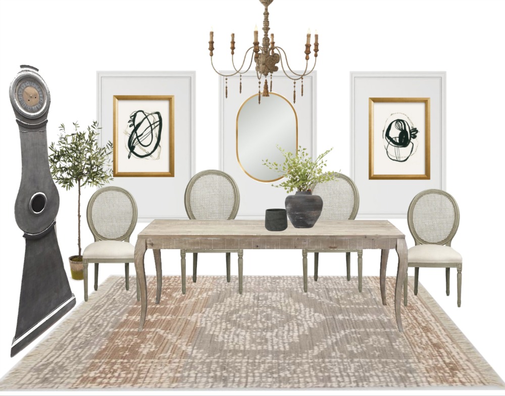 Sample board of dining room with French chandelier and mora clock. 