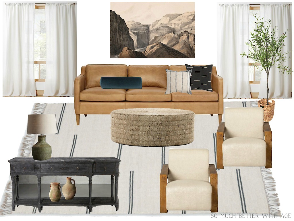 Living room design board with earthy textures.