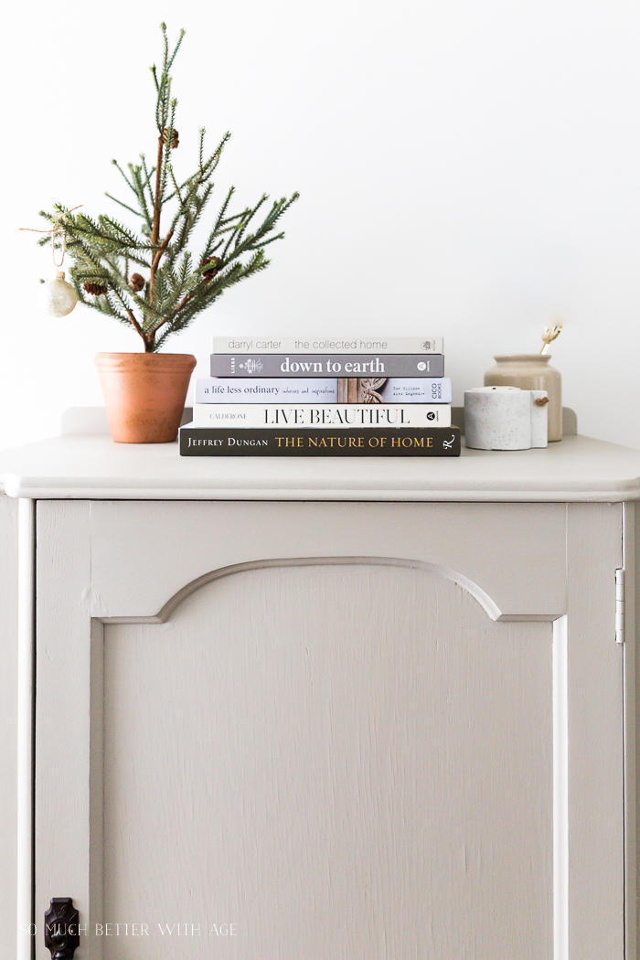 Books on top of a cabinet with a mini Christmas tree.