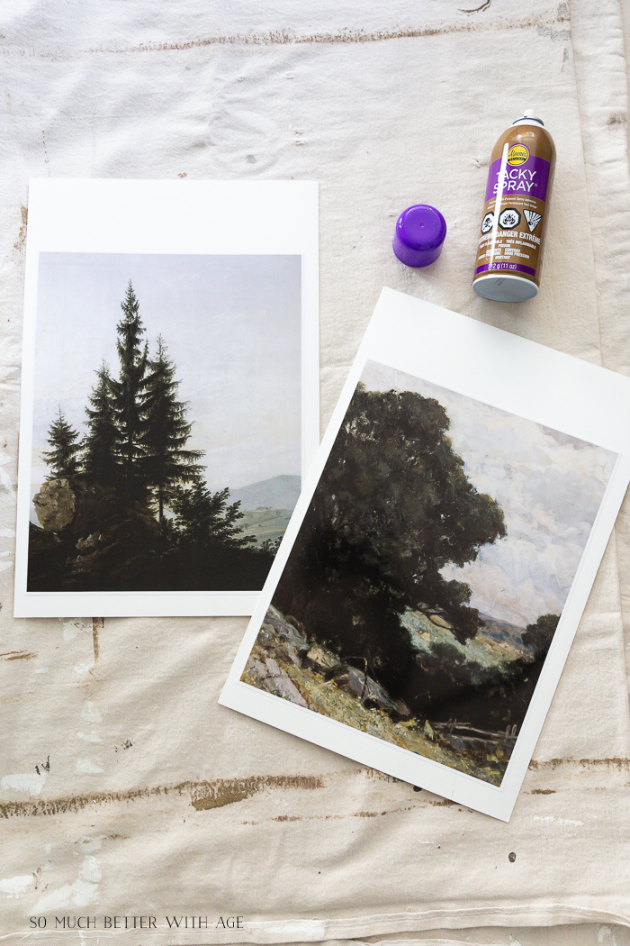 Artwork of trees being glued on paper. 