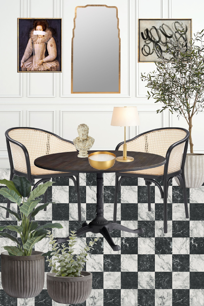 Black and white checkered floors, cane chairs, bistro table, gold mirror, plants in planters, French art.