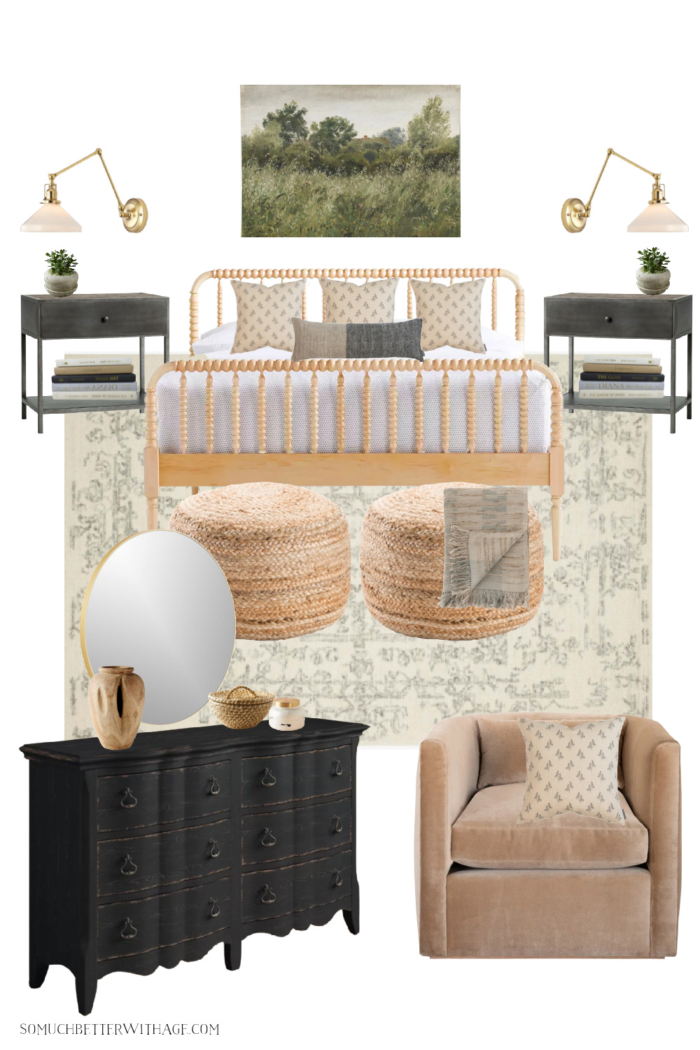 Bedroom design board with Jenny Lind maple bed, black dresser and Studio McGee chair. 