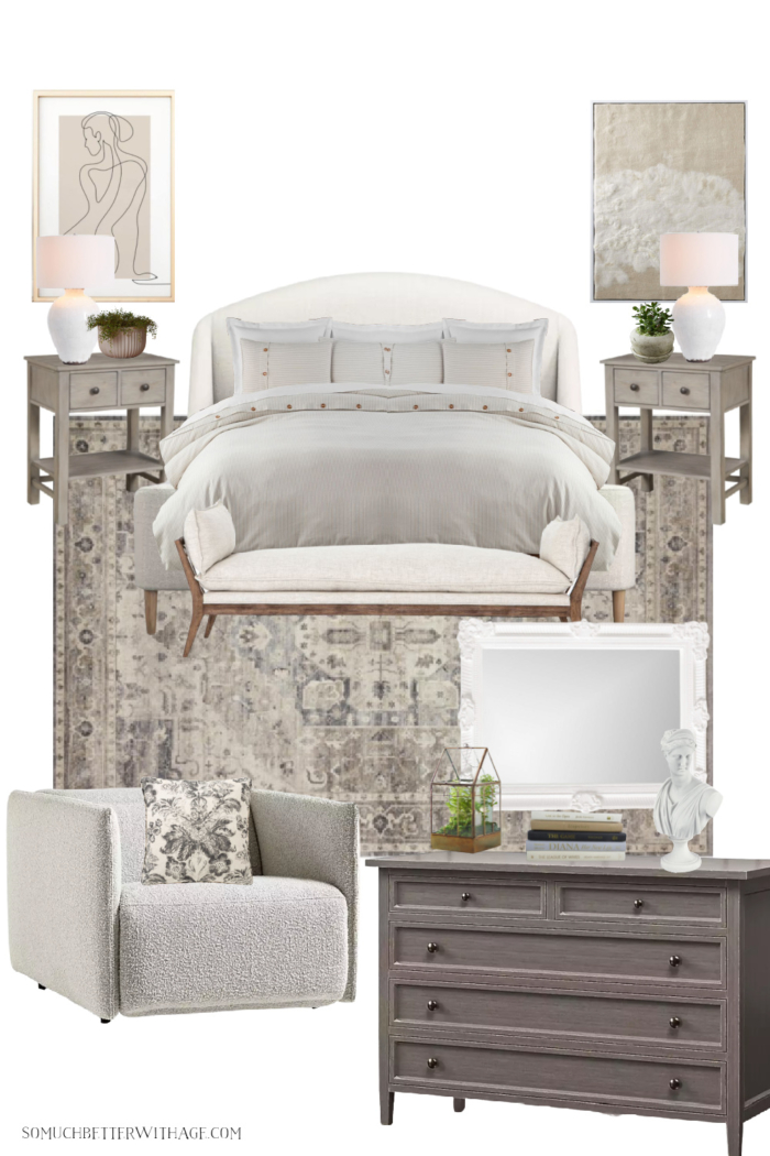 Neutral upholstered bed with linen and wooden bench, modern recliner chair, wooden dresser and abstract art. 