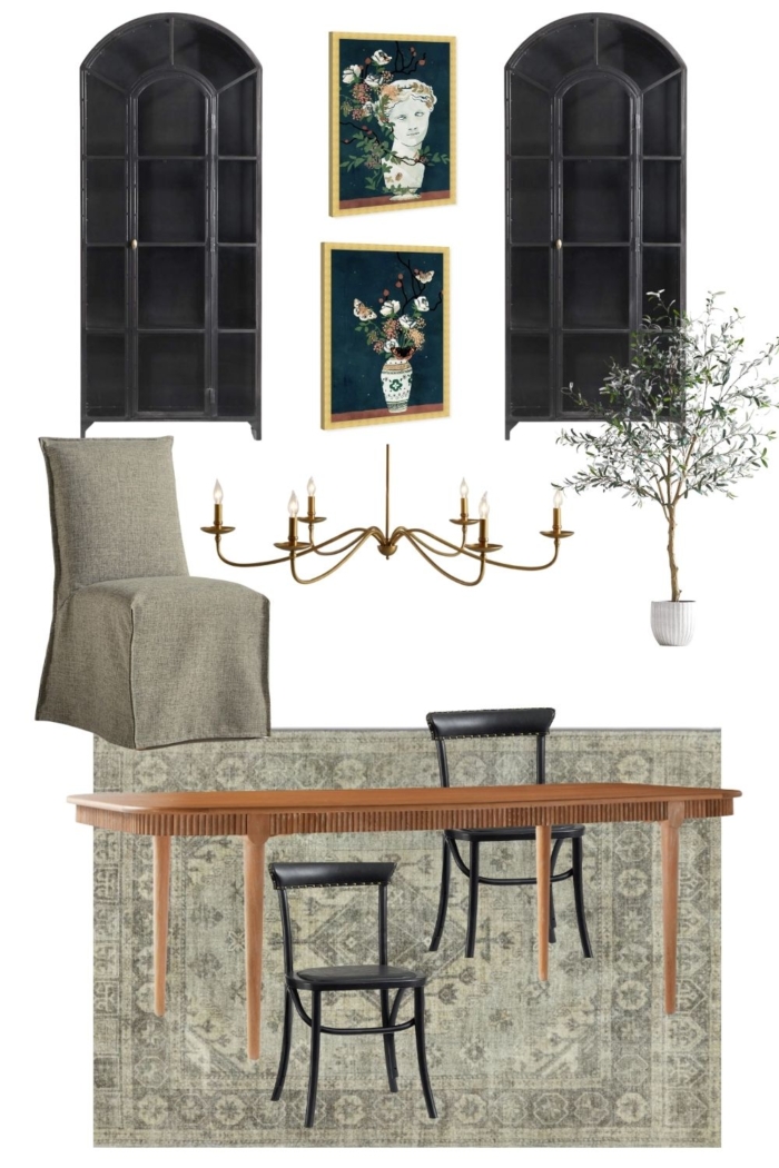 A mood board with a rug and table.
