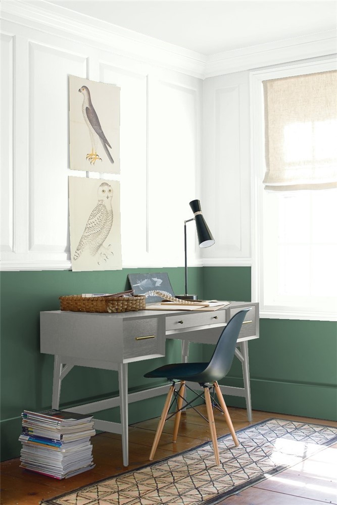 Office painted in Chantilly Lace OC-65 by Benjamin Moore and Gothic Green 637.