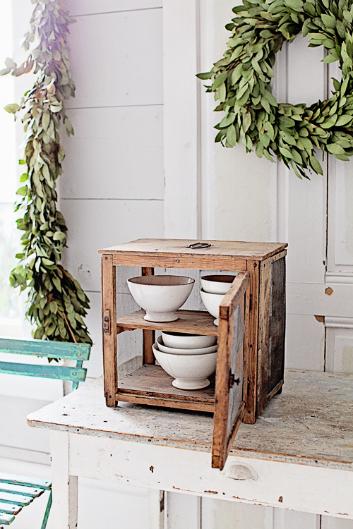 Wooden vintage French cheese safe from Dreamy Whites. 