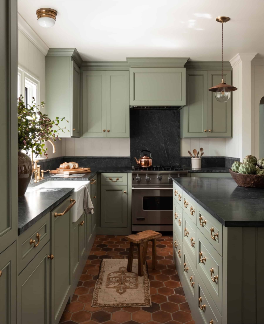 green painting kitchen cabinets