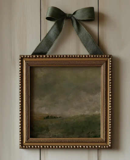 Moody green vintage art piece in gold frame and green large bow above it. 