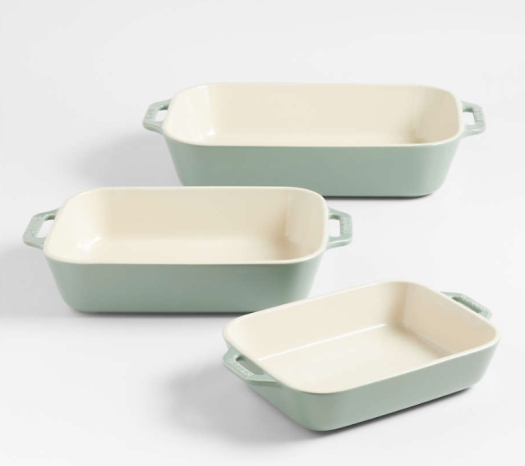 Staub 3 piece baking dish set in Eucalyptus color. 
