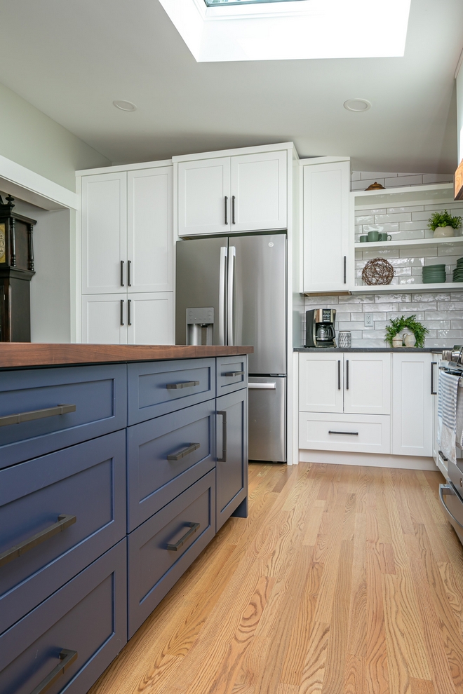 Benjamin Moore Evening Sky painted on kitchen cabinets by Clearcut Construction. 