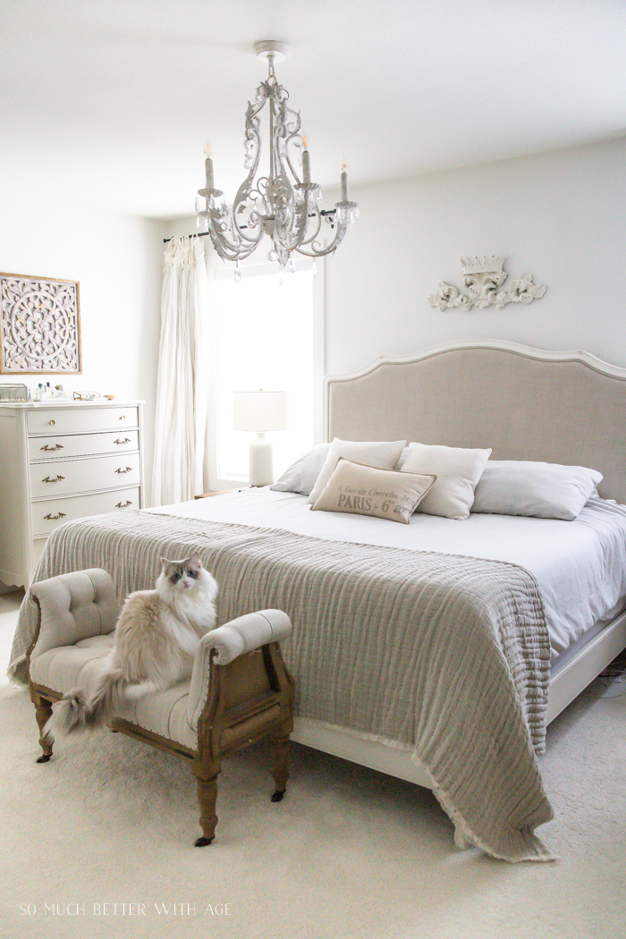 French chandelier above French bed with white cat on footstool. 