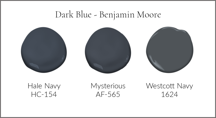 Dark blue paint colors by Benjamin Moore Hale Navy, Mysterious and Westcott Navy. 