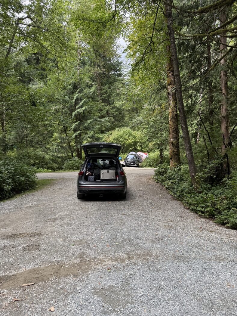 SUV in camp site with trunk open.