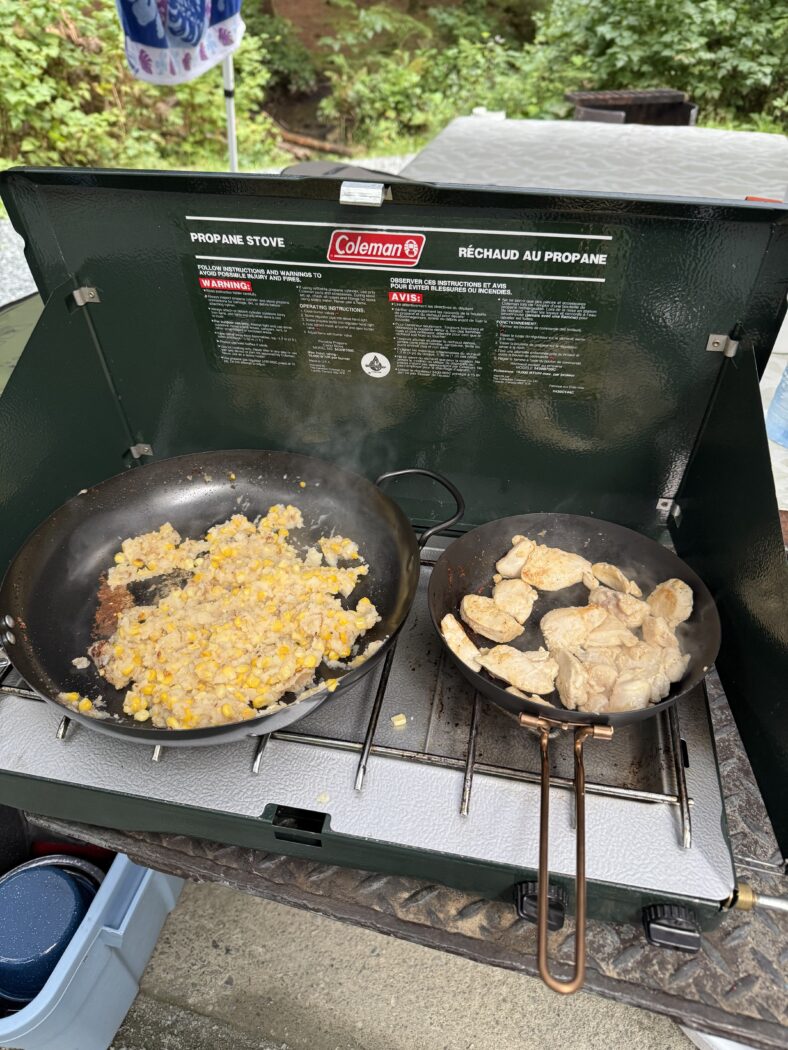 Cooking on a camp stove with chicken and potatoes.
