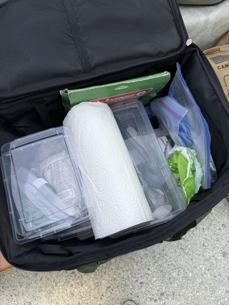 Contents of camping supplies in storage bag.