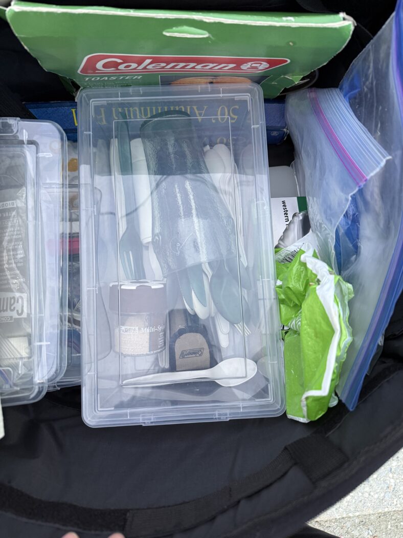 Camping storage utensils in storage bag.
