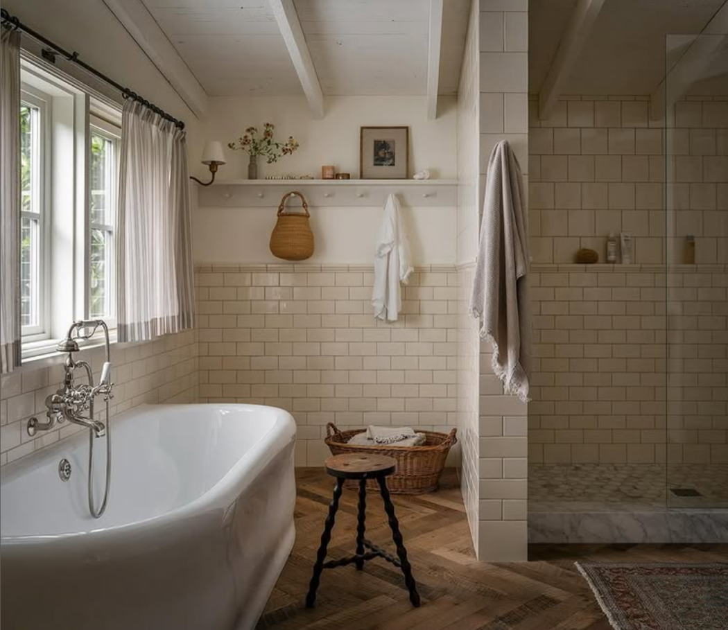 Large bathroom with free standing tub and lots of subway tile from Katie Leclerq.
