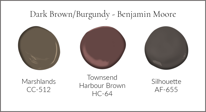 Dark brown / burgundy paint colors from Benjamin Moore Marshlands, Townsend Harbour Brown and Silhouette. 