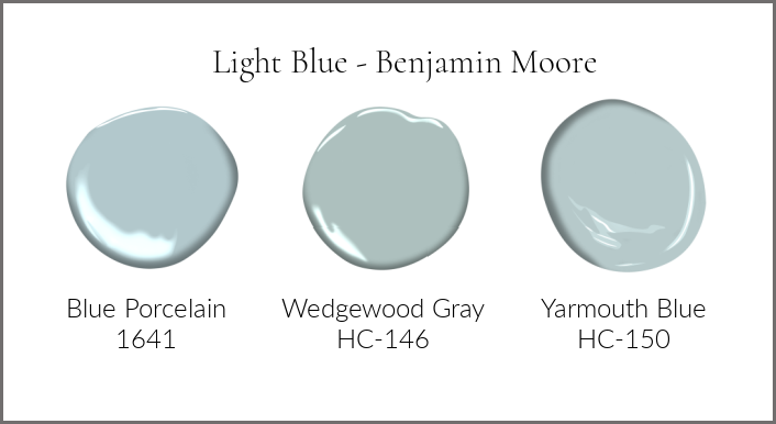 Light blue paint colors by Benjamin Moore Blue Porcelain, Wedgewood Gray and Yarmouth Blue. 