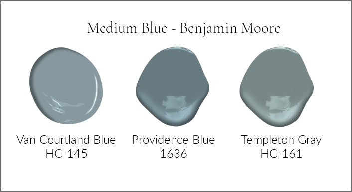 Medium blue paint colors by Benjamin Moore Van Courtland, Providence Blue and Templeton Gray. 