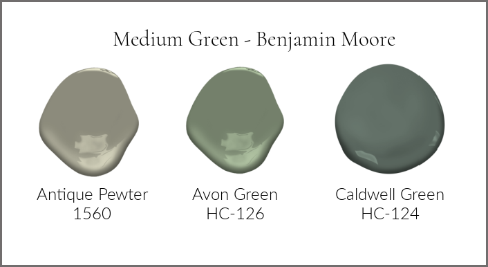 Medium green paint colors by Benjamin Moore Antique Pewter, Avon Green, and Caldwell Green. 